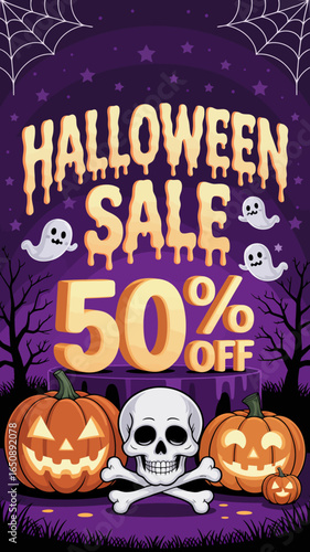This vibrant Halloween sale poster features playful pumpkins and a skull, beautifully combined with ghostly figures, creating a joyful yet spooky atmosphere for promotions.