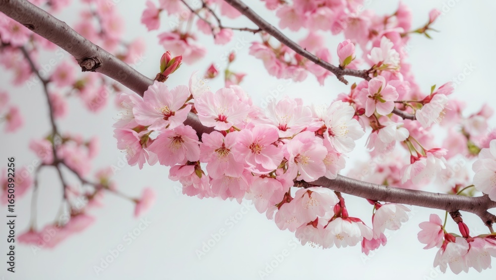 Fototapeta premium Cherry blossom branch with pink flowers and buds.