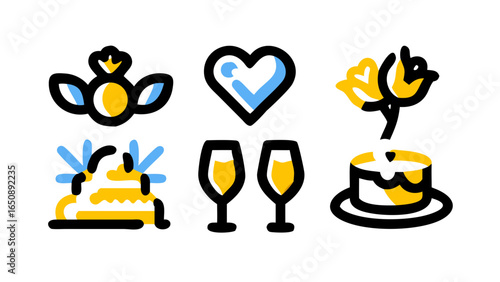 A delightful collection of colorful line art vector icons representing celebration, romance, love, festive events, and sweet treats.