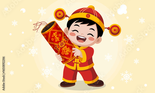 A delightful child dressed in traditional clothing holds a bright firecracker, radiating joyful energy and embodying festive spirit in an engaging and colorful illustration.