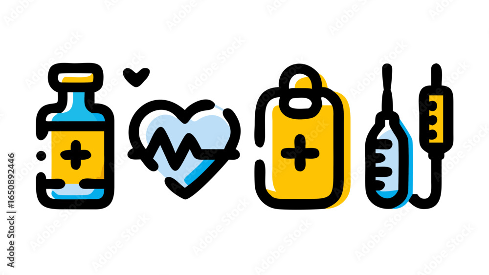 Obraz premium A collection of essential healthcare and medical icons illustrating various aspects of health, treatment, and emergency care.