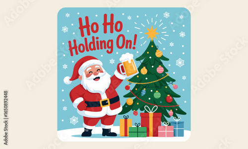 A jolly Santa Claus raises a beer mug beside a decorated Christmas tree and presents, creating a cheerful holiday atmosphere full of joy and celebration.