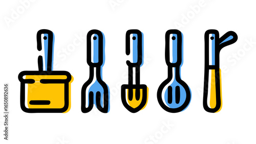 A vibrant graphic collection of essential stylized gardening tools, including a hand trowel, fork, small shovel, and pruner.