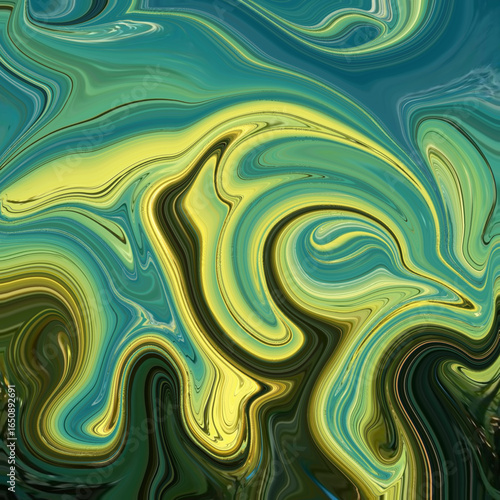 Abstract fluid art in yellow, green, and blue tones, swirling liquid marble with modern design, vibrant fluid movement for creative decoration. Golden keywords included.