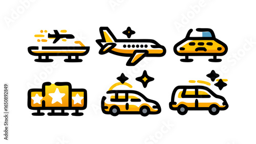 Contemporary yellow and black vector icons depicting luxurious air and ground transportation alongside prestigious achievement symbols.