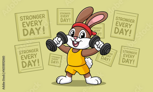 A determined cartoon bunny is lifting weights with motivational posters in the background, inspiring fitness and positivity for a healthier lifestyle.