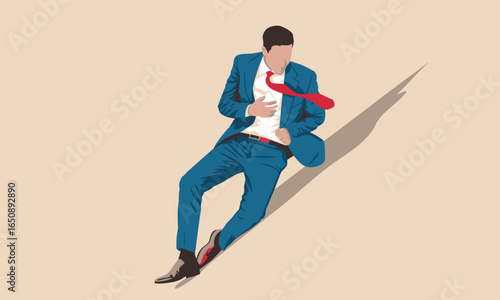 A businessman sits down, with his tie blowing, portraying the weight of responsibilities and pressures, an artistic representation of modern life's challenges faced by professionals today.