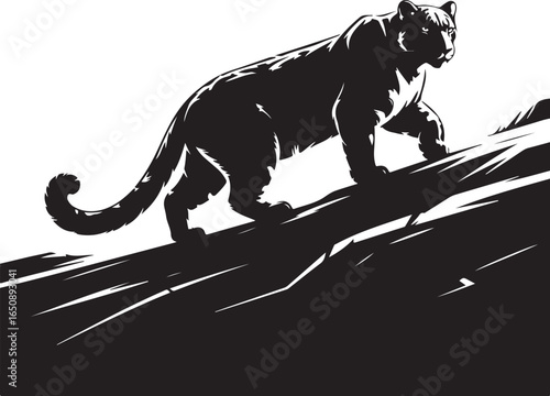 Powerful black panther stalks on rocky terrain, sleek and stealthy