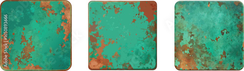 Three Patina Metal Square Badges Displaying Weathered Copper Texture and Aged Look