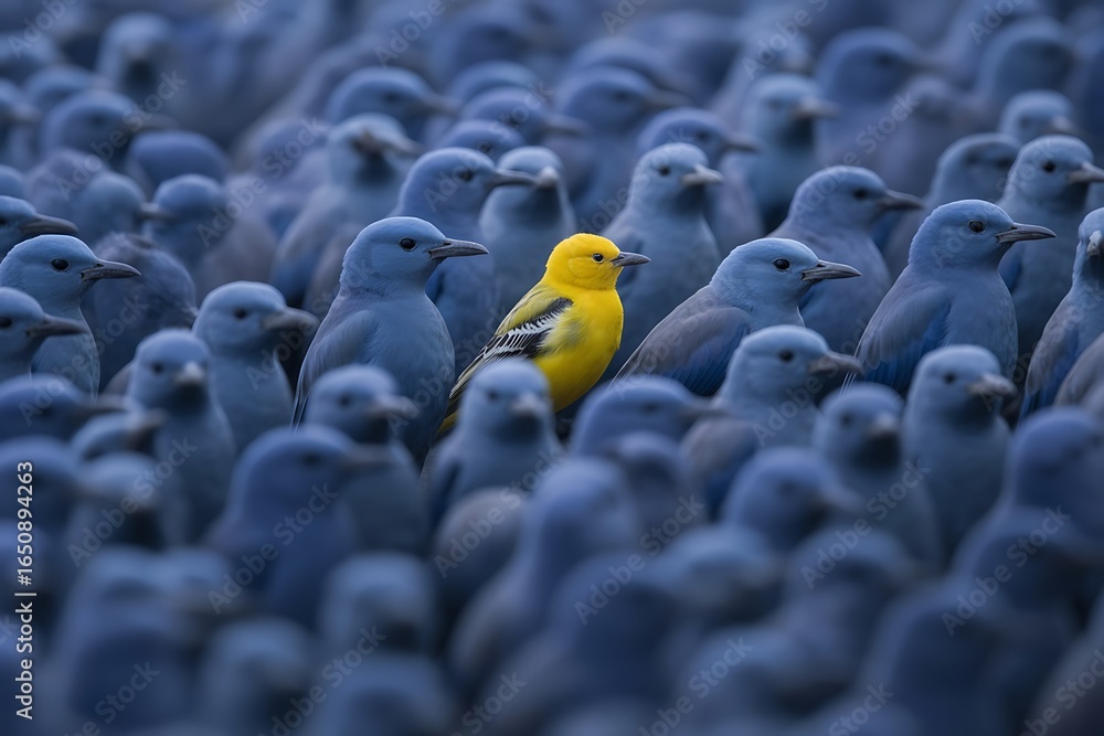Obraz premium Vibrant yellow bird stands out uniquely amongst a flock of muted blue birds symbolizing individuality and standing out
