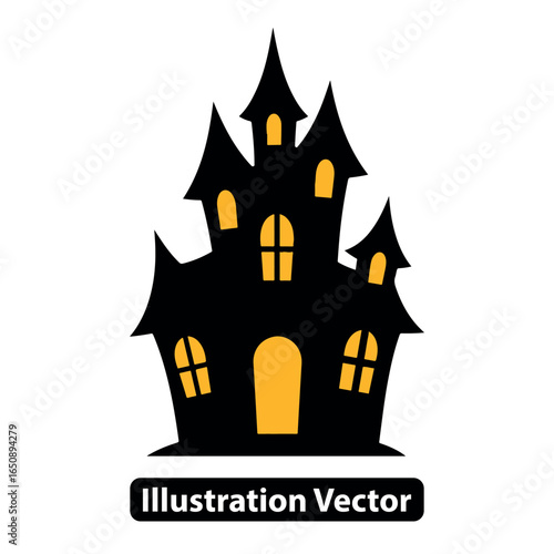 Eerie black silhouette of a haunted house with glowing windows perfect for Halloween night designs