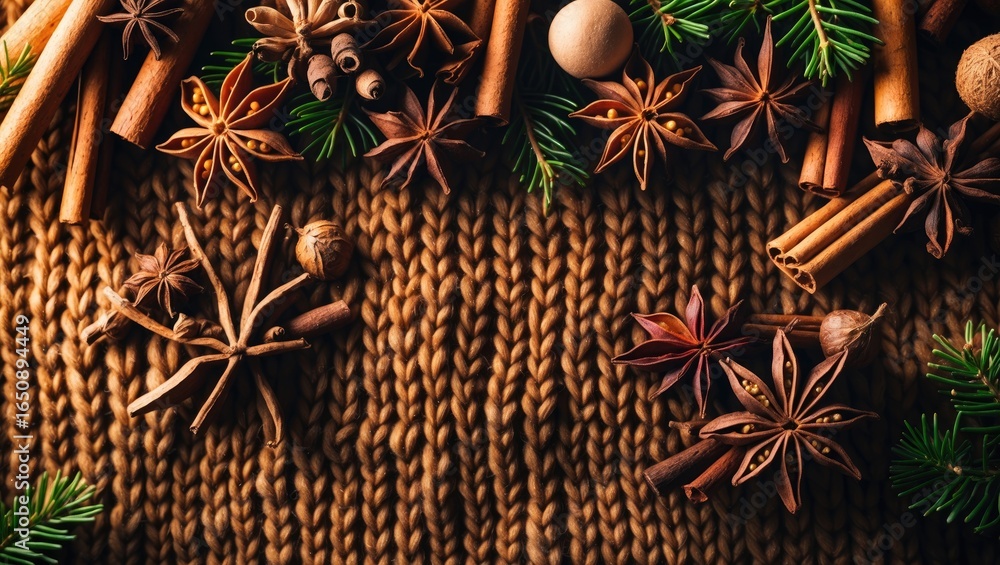 Fototapeta premium Aromas of spices and pine on a knitted fabric background with star anise, cinnamon sticks, and evergreen branches. Holiday seasoning and festive decoration. Traditional winter scents and textures.