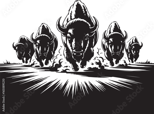 Powerful bison herd charges forward with dynamic energy