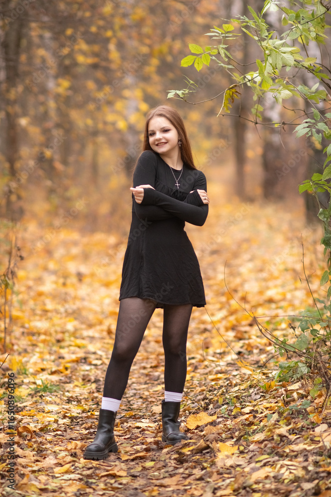 © shymar27 - Portrait of a young beautiful red-haired girl in a black dress outdoors on an autumn day.