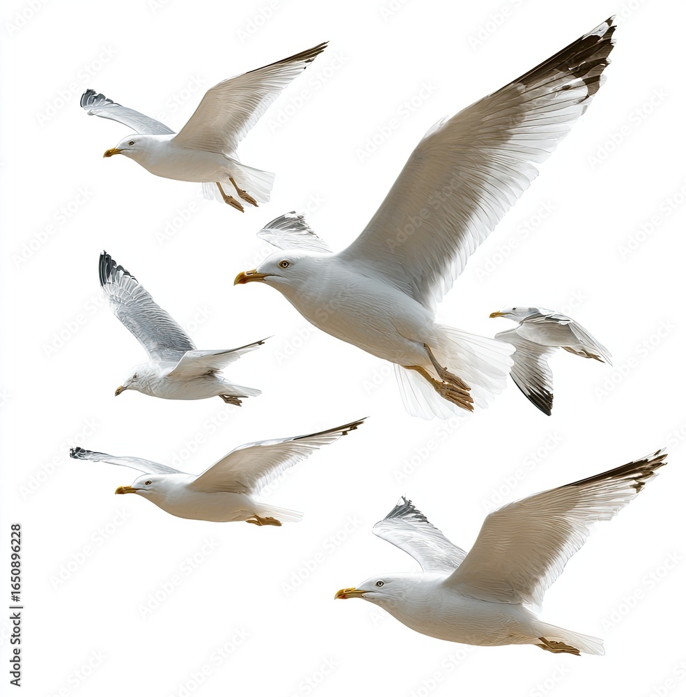 Fototapeta premium Several seagulls in flight against a white background