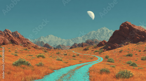 Desert landscape with red rocks and green shrubs, winding blue river through orange grass