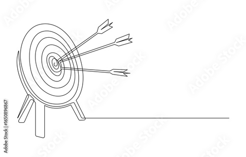 Continuous one line drawing of a single editable target line in the center with an arrow. Concept for the business of hitting the target. Target with an arrow hitting the center, one continuous line 