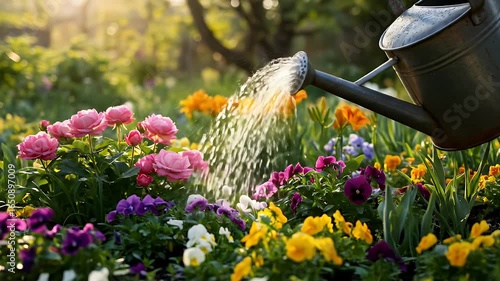 Watering Colorful Pansies and Roses in a Sunny Garden with a Metal Watering Can