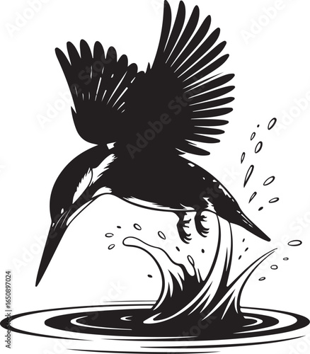 Kingfisher dives for prey striking water with dynamic splash
