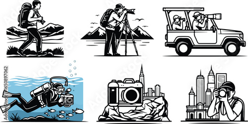 Vector art of collection of travel and photography activities including hiking, wildlife photography in a jeep, scuba diving, and urban photography in a city