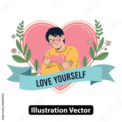 Inspirational self-love concept with a happy cartoon person embracing themselves in a heart.