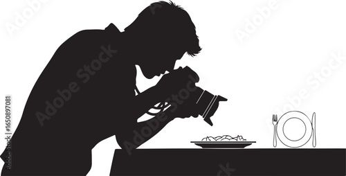 Vector art of silhouette of a photographer taking a picture of a food dish on a table with cutlery, isolated on white background