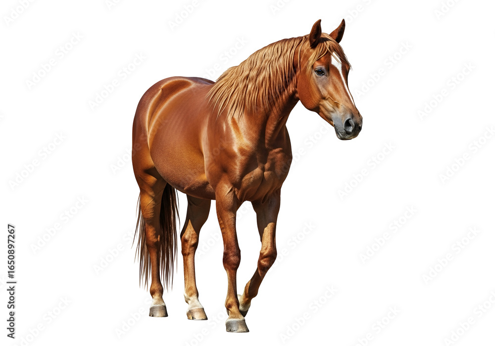 Obraz premium Grazing brown horse with a shiny coat standing on a black background