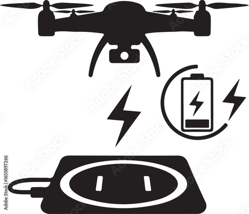 Vector art of drone charging wirelessly on a pad with battery icon and lightning bolts, isolated on white background