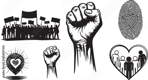 Vector art of collection of protest and activism symbols including raised fists, crowds with banners, and heartshaped fingerprint, isolated on white background
