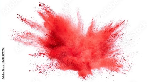 A dynamic burst of vibrant red powder creates an energetic and abstract visual effect,
