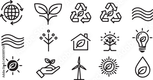 Vector art of collection of ecofriendly and sustainable living icons, including recycling, renewable energy, nature, and environmental protection symbols, isolated on white background