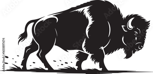 Majestic bison in bold black silhouette charges forward powerfully