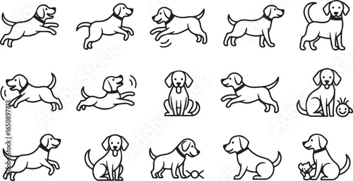 Vector art of collection of playful and happy dogs in various poses, including running, jumping, sitting, and standing, isolated on a white background, representing canine companionship and pet joy
