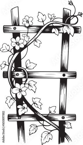 Elegant garden trellis with blooming vines and leaves