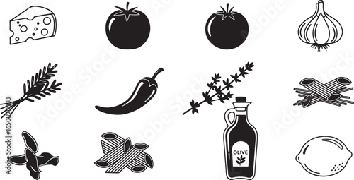 Vector art of collection of fresh ingredients for cooking, including cheese, tomatoes, garlic, chili pepper, herbs, lemon, and olive oil, isolated on a white background