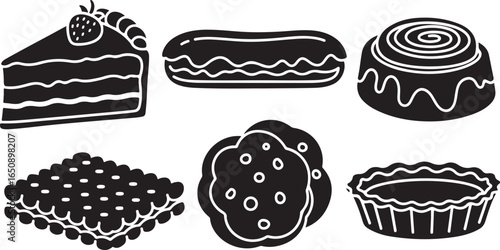 Vector art of collection of sweet pastry and dessert icons including cake, eclair, cinnamon roll, cookies, tart, and biscuits, isolated on white background