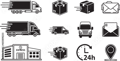 Vector art of set of black and white icons representing delivery and logistics services, including trucks, vans, packages, mail, a warehouse, and a 24hour clock, isolated on a white background