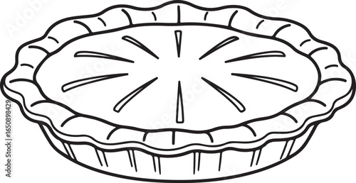 Vector art of a simple black and white line drawing of a whole pie with a decorative crust and lattice top, isolated on a white background