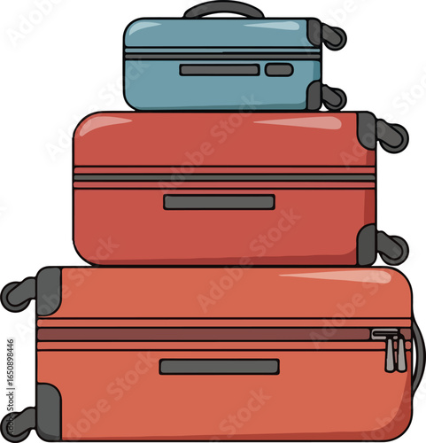 Vector art of a stack of three colorful suitcases, including a blue carryon and two orange checked bags, isolated on a white background, ready for travel