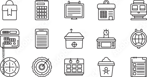 Vector art of collection of business and office icons including briefcase, calendar, calculator, charts, targets, and documents, isolated on white background