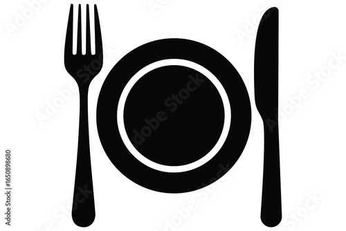 Knife fork and plate silhouette vector icon illustration isolated on white background
