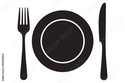 Knife fork and plate silhouette vector icon illustration isolated on white background
