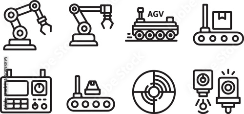 Vector art of collection of industrial automation icons including robotic arms, agv, conveyor belt, control panel, and sensors, isolated on white background