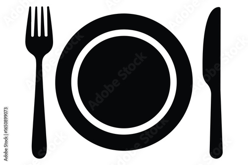 Knife fork and plate silhouette vector icon illustration isolated on white background
