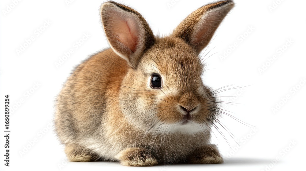 Obraz premium A young brown rabbit sits against a white background, its large ears upright, dark eyes alert, and soft fur visible. It faces the viewer directly