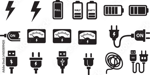 Vector art of collection of electrical power and battery charge icons, including lightning bolts, battery level indicators, meters, plugs, and usb connectors, isolated on white background