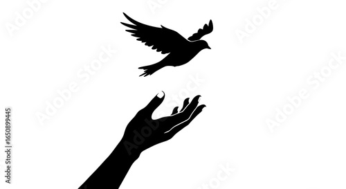 Black silhouette hand releasing a bird on white background with copy space