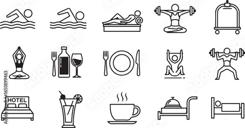 Vector art of collection of hotel amenities and services icons including swimming, relaxation, gym, dining, coffee, room service, and bedroom, isolated on white background