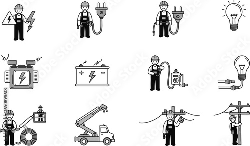 Electrician icons, electrical maintenance tools, power line repair, energy supply, electrician service, voltage safety, utility worker vector set