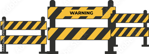 Vector art of construction warning barrier with yellow and black stripes, indicating a hazardous area or road closure, isolated on a white background